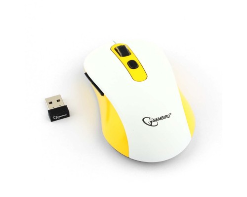 Gembird MUSW-221-Y Мышь беспров., белый/жёлтый, 5кн.+колесо-кнопка, 800/1200/1600DPI, 2.4ГГц, трехуровневая система энергосбережения