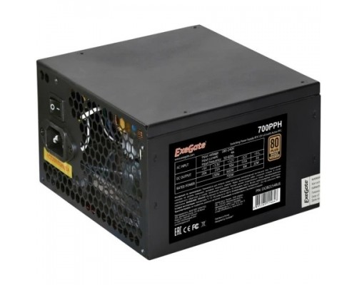 Блок питания 700W ExeGate 80 PLUS® Bronze 700PPH-OEM (ATX, APFC, SC, КПД 89% (80 PLUS Bronze), 12cm fan, 24pin, 2x(4+4)pin, 4xPCI-E, 6xSATA, 3xIDE, black, кабель 220V с защитой от выдергивания, RTL)