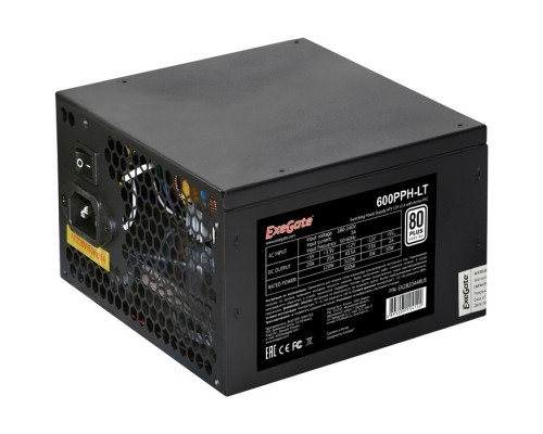 Блок питания 600W ExeGate 80 PLUS® 600PPH-LT-S-OEM (ATX, APFC, КПД 82% (80 PLUS)SC, 12cm fan, 24pin, 2x(4+4)pin, 2xPCI-E, 6xSATA, 3xIDE, кабель 220V с защитой от выдергивания, black, RTL)