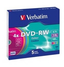 Диск DVD-RW Verbatim 4.7 Gb, 4x, Slim Case (5), Color (5/100) (43563)                                                                                                                                                                                     