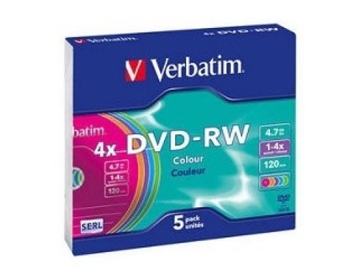 Диск DVD-RW Verbatim 4.7 Gb, 4x, Slim Case (5), Color (5/100) (43563)