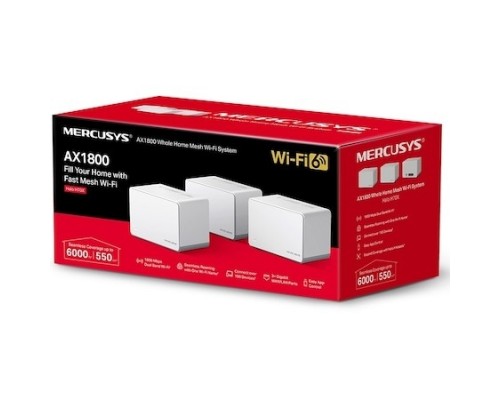 Домашняя Mesh WiFi система AX1800 Whole Home Mesh Wi-Fi 6 SystemSPEED: 574 Mbps at 2.4 GHz + 1201 Mbps at 5 GHzSPEC: Internal Antennas, 3 Gigabit Ports per Unit (WAN/LAN auto-sensing), 1024-QAM, OFDMAFEATURE: MERCUSYS APP, Router/AP Mode, One Unifi