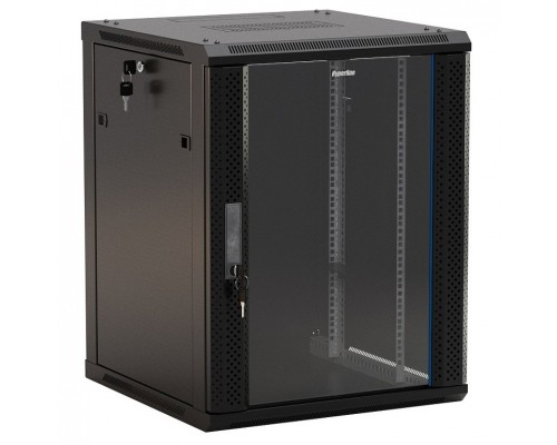 Шкаф коммутационный Hyperline (TWB-0945-GP-RAL9004) настенный 9U 600x450мм пер.дв.стекл 2 бок.пан. 60кг черный 500мм IP20 сталь