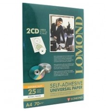 Самоклеящаяся бумага LOMOND универсальная для этикеток, A4, 2 шт для CD/DVD (D117 / D18мм), 70 г/м2, 25 листов                                                                                                                                            