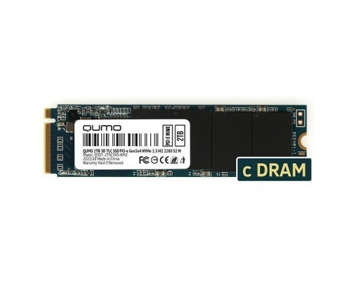 Накопитель SSD 2TB PCIe Gen3x4 NVMe 1.3 M2 2280 QUMO Novation TLC 3D (SM2262 AB) CDM r/w 3333/2743 MB/s, 4K-64 303K/265K IOPS, TBW 700, 2GB DRAM (Q3DT-2TSCSYD-NM2) with DRAM