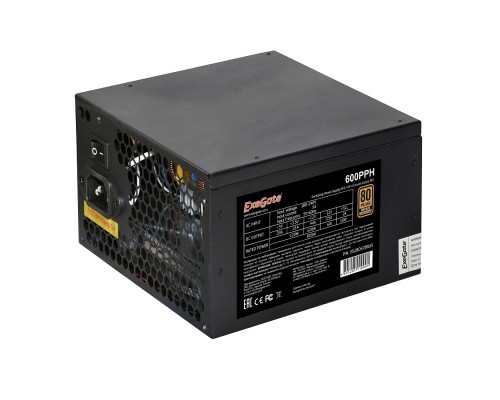 Блок питания 600W ExeGate 600PPH RTL, ATX, black, 80+Bronze, APFC, 12cm, 24p, (4+4)p, 5*SATA, 3*IDE, FDD, 2*(6+2)p