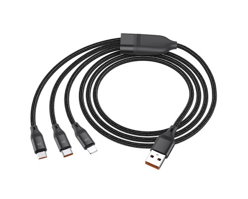 Кабель USB HOCO HC-55933 U104/ 3-in-1:  Lightning+Micro+Type-C/ 1.2m/ 6A/ Нейлон/ Black