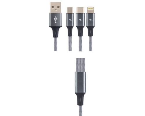 Кабель PERFEO USB2.0 A вилка - 3 в 1 ( Micro + Type C + 8 PIN вилка ), серый, длина 1,2 м. (U5001)