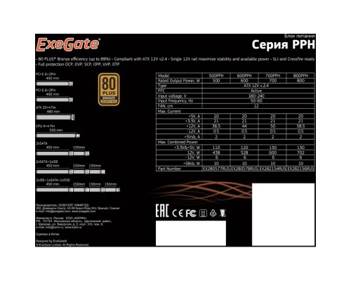 Блок питания 700W ExeGate 80 PLUS® Bronze 700PPH